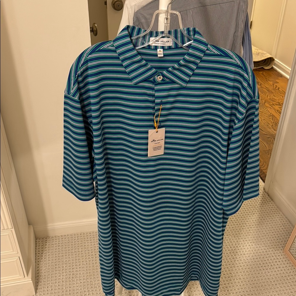 Peter Millar Blue and White Striped Polo Shirt - NWT